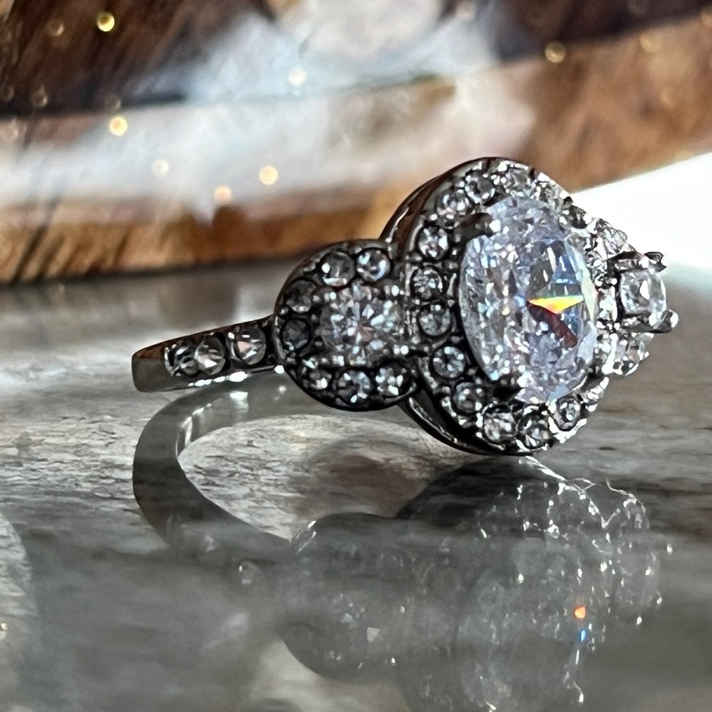 Swarovski Crystal Ring Rhodium-Plated Three-Stone Ring with Clear Crystals - Picture 5 of 11